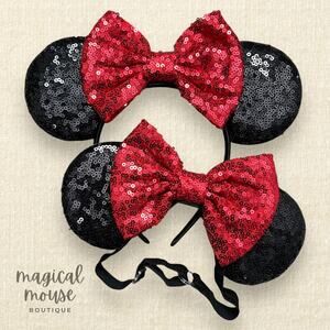 Black & Red Sequin Mommy & Me Minnie Ears | Disney-Inspired Mouse Headband Set